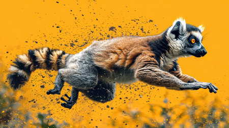 Ring-tailed lemur flying in the air. 3D renderingの素材