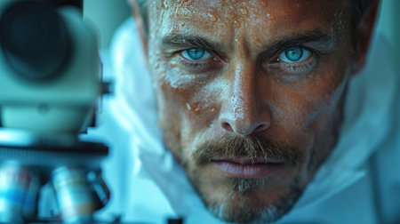 Close-up portrait of senior male scientist looking at camera through microscope.の素材