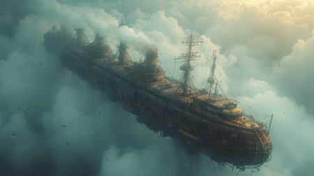 Viking ship in the clouds. 3D render. Fantasy.の素材