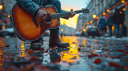 A man plays the guitar on a rainy day in the city.の素材