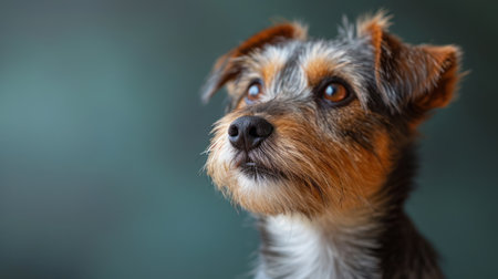 Portrait of a cute Yorkshire Terrier dog on a green backgroundの素材