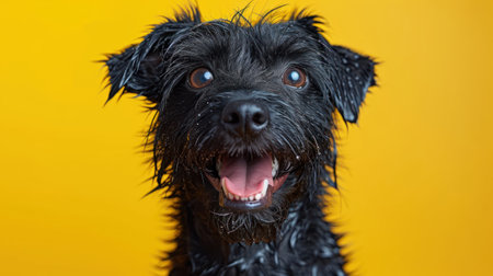Portrait of a black terrier on a yellow background. The dog is smiling.の素材