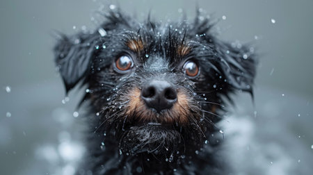 Portrait of a cute dog in the shower. Selective focus.の素材