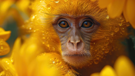 Cute monkey in a yellow flower. Close-up portrait.の素材