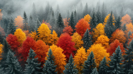 3D render of colorful autumn forest in foggy weather. Beautiful nature backgroundの素材