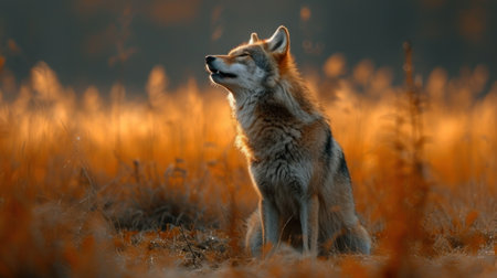 Close up of a wolf in the field at sunset. Animal portrait.の素材