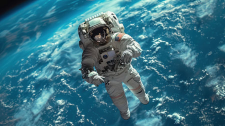 Astronaut spaceman do spacewalk while working for space station. Mixed mediaの素材