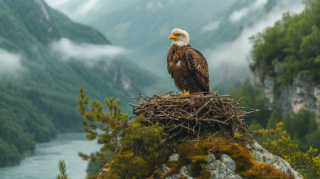 Bald Eagle sitting on a nest in front of a mountain landscapeの素材