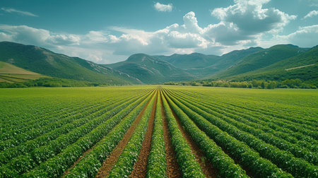 Agricultural field with rows of young green grapes. Agricultural landscape.の素材