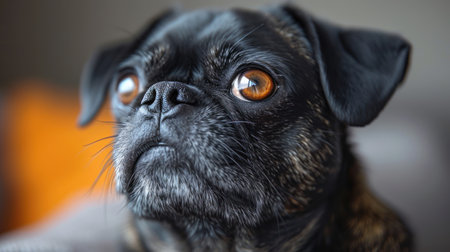 Close up of a black pug dog looking at the camera.の素材