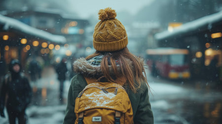 Beautiful young woman with backpack walking on the street at winter timeの素材