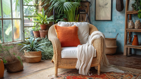 Vintage wicker chair with orange pillow in cozy living room.の素材