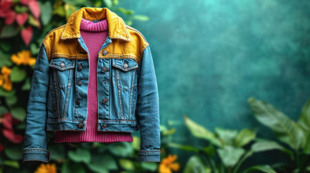 Denim jacket with a pink scarf on the background of green leaves.の素材