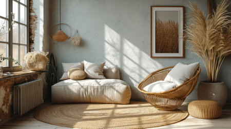 Modern living room interior design with rattan sofa 3d render illustrationの素材