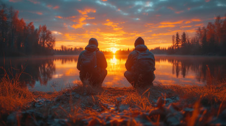 Two young men stand on the shore of the lake and look at the sunsetの素材