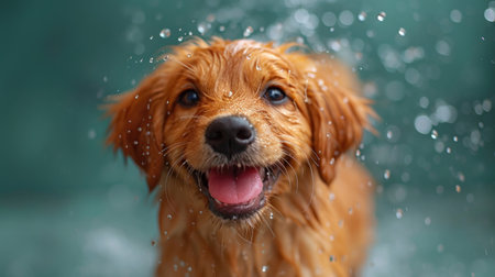 Cute Golden Retriever dog in the shower with water dropsの素材