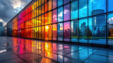 modern office building with reflection on glass wall and skyscrapers at sunsetの素材