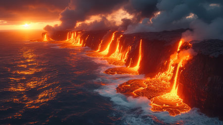 Volcanic eruption at sunset. 3D illustration. Fantasy.の素材