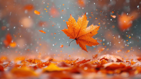 Autumn background with falling leaves and rain drops, shallow dofの素材
