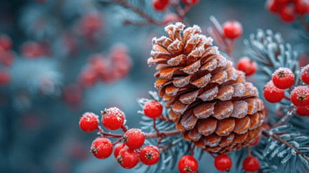 Frosty pine cone with red berries on a blurred background.の素材