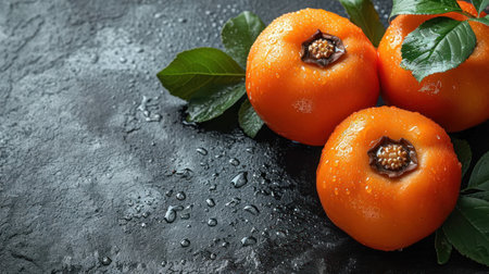 Ripe persimmon fruits with green leaves on black background.の素材