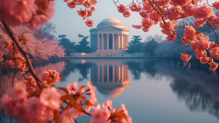 The Jefferson Memorial and cherry blossom in Washington DC, USA.の素材