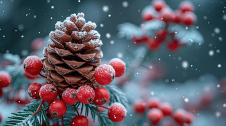 Fir tree branch with red berries and pine cone covered with snowの素材