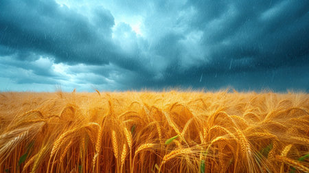 Grain field with stormy sky and rain. Nature background.の素材