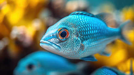 Close-up of a blue discus fish in a coral reefの素材