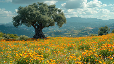 Olive tree and poppies in Tuscany, Italyの素材