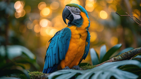 Blue and yellow macaw sitting on a branch in the rainforestの素材
