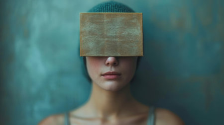 Portrait of a young woman with a book in her eyes.の素材