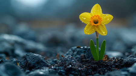 Yellow daffodil with raindrops on black stones. Spring backgroundの素材