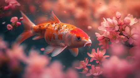 Goldfish in the garden with cherry blossom. Colorful background.の素材