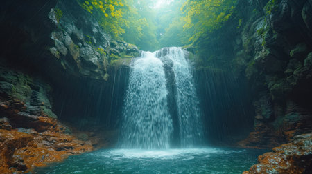 Beautiful waterfall in the deep forest. Panoramic view.の素材