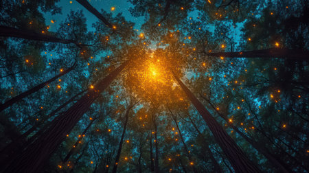 Fantastic sunset in the pine forest. 3d render illustrationの素材