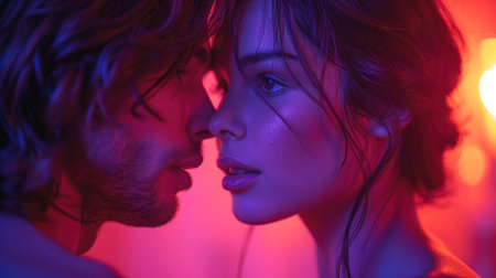 Portrait of beautiful couple looking at each other in neon light.の素材