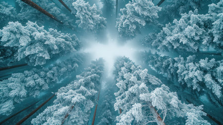 Frozen winter forest with snow covered trees. Top view of coniferous forest.の素材