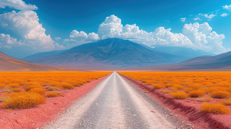 Road in the desert with the volcano in the background. 3d renderingの素材