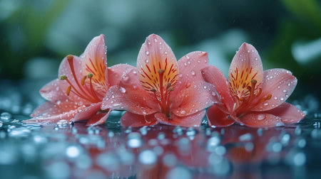 Pink lily flowers with water drops on a mirror surface, floral backgroundの素材