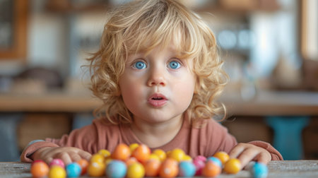 Cute little boy playing with colorful easter eggs in the kitchenの素材