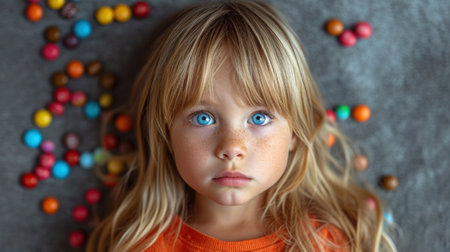 Little girl with blond hair and blue eyes on the background of colorful candiesの素材