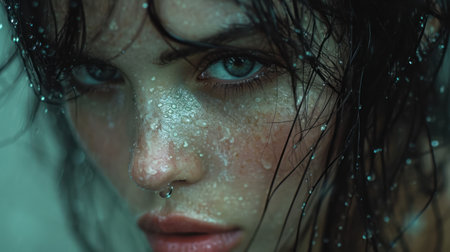 Close-up portrait of a beautiful girl with wet hair and wet face.の素材