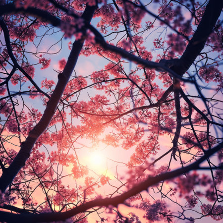 Cherry blossom sakura at sunset with vintage filter effect.の素材