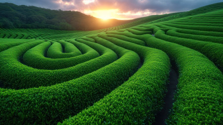 Green tea field at sunrise in the morning. Nature landscape background.の素材