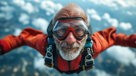 Portrait of senior man skydiver in red suit and gogglesの素材