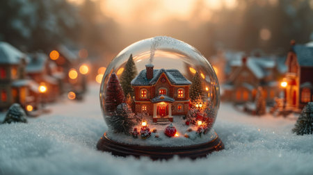 Snow globe with christmas trees and houses in the snow. Christmas backgroundの素材