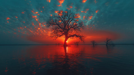 3d render of a tree in the lake at sunset time.の素材