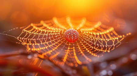 Spider web with dew drops close-up, shallow depth of fieldの素材