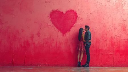 Young couple in love looking at each other against red wall with heartの素材